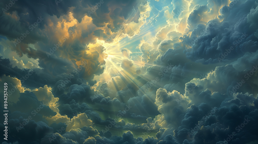 Poster the sky is filled with clouds and the sun is shining through them, creating a beautiful and serene a