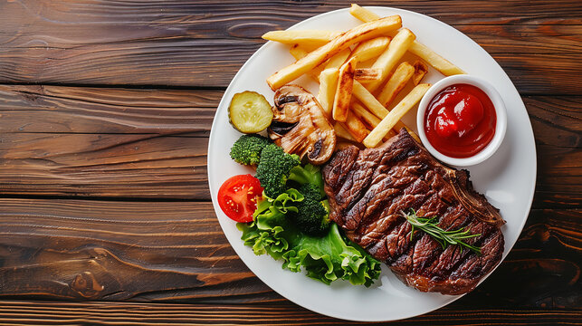 Barbecue antricote steak with vegetables and mushrooms on a plate stands on the table.