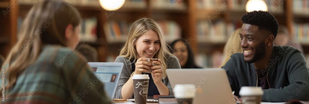 Aufkleber A diverse group of students are seen collaborating in a modern library, using laptops for research and teamwork. The academic and friendly environment encourages learning and discussion