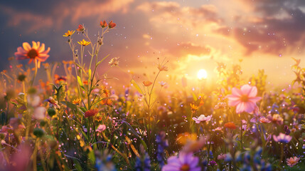 Obraz premium A field of flowers with a bright sun in the background. The sun is shining on the flowers, making them look even more beautiful