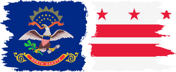 District of Columbia USA - Washington, DC and North Dakota state grunge brush flags connection, vector