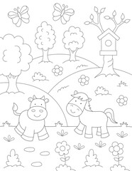 nature easy coloring page for kids. spring with animal theme.