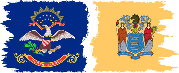 New Jersey and North Dakota states grunge brush flags connection, vector