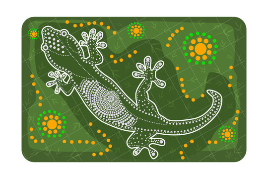 Lizard in australian aboriginal style on green background.Australia indigenous Aboriginal lizard or salamander dots painting art style.Silhouette of decorative ethnic gecko.Aboriginal tribal art craft