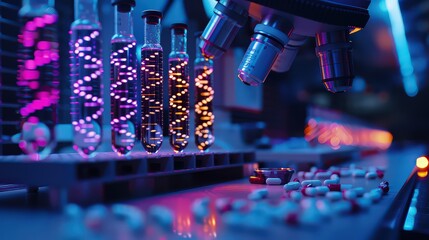 A laboratory setup with genetic testing equipment and DNA samples, illustrating advancements in genetic testing and personalized medicine.