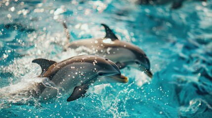 Obraz premium Lively scene of dolphins playing in clear blue water, emphasizing their joyful and playful behavior