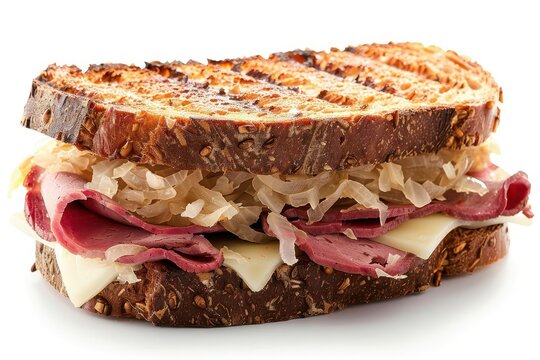 Close-up of a delicious grilled Reuben sandwich with corned beef, sauerkraut, Swiss cheese, and rye bread on a white background.