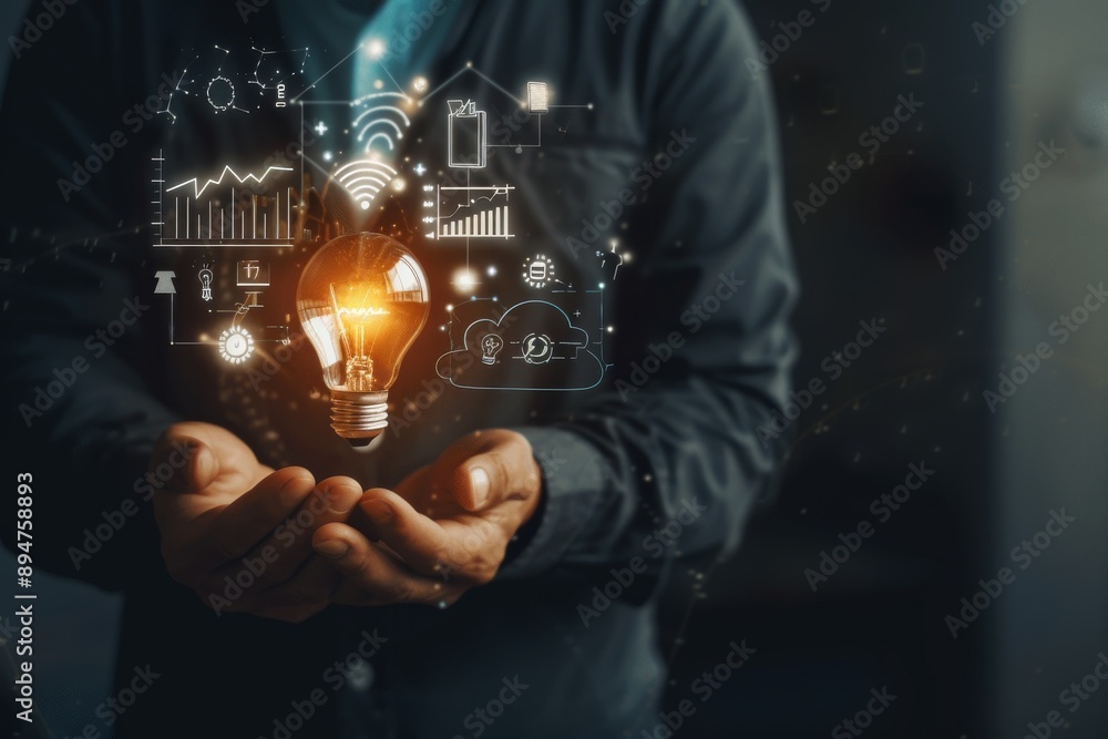 Poster Depiction of hands holding an illuminated light bulb with digital graphics symbolizes innovation, creativity, and futuristic thinking for inventive solutions and advancements in technology and ideas