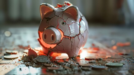 Naklejka premium broken or cracked piggy bank, symbolizing financial strain and the depletion of personal savings during a recession.
