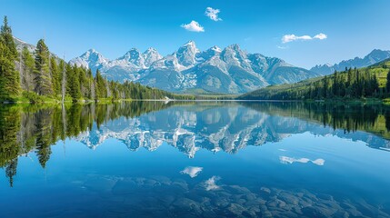 Fototapeta premium Low-angle shot capturing the majestic peaks mirrored perfectly in the clear water.