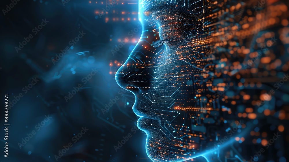 Poster digital illustration of a human face blended with futuristic technology elements, symbolizing artifi