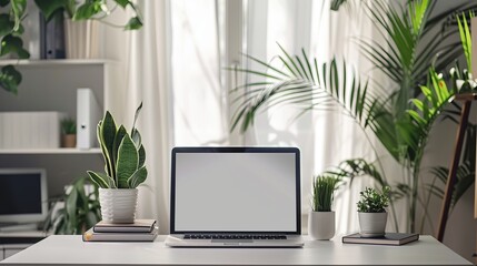 Fototapeta premium Bright modern office interior with laptop computer, houseplants, books and various office supplies on white table