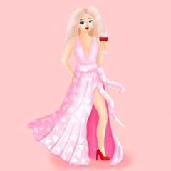 Cute blonde girl in pink dress with glass of wine isolated on white background