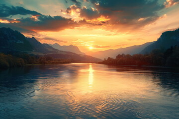 Fototapeta premium Landscape with sunset background, river and mountain