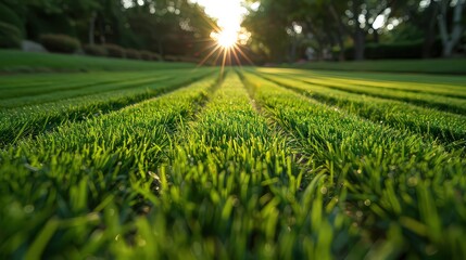  low-angle view focusing on the lawn mower creating neat, striped patterns on a freshly cut lawn.