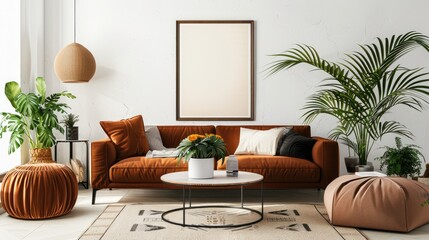 Inviting living room with brown sofa, pouf, beige rug, lamp, poster frame, decor, plant, and coffee table. Home decor. Template.