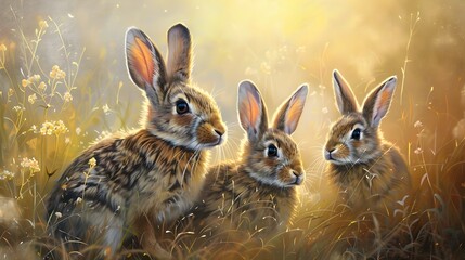 Fototapeta premium Peaceful Rabbit Family in Pastoral Meadow with Soft Impressionist Tones