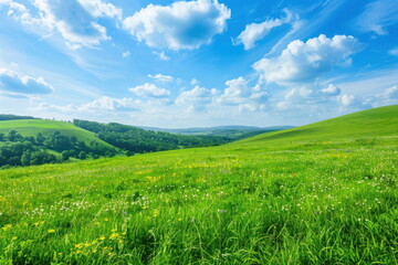 Obraz premium Smooth meadow on the hill with blue sky, beautiful landscape