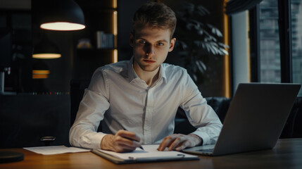 Man in white shirt writing at desk in dim light