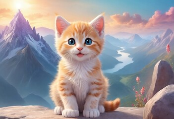 Obraz premium Cute White Kitten in Majestic Mountain Landscape