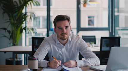 Naklejka premium Man writing at desk with laptop in bright office