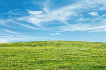 Smooth meadow on the hill with blue sky, beautiful landscape