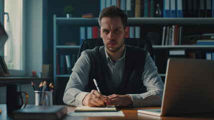 Fototapeta premium Serious man taking notes in modern office room