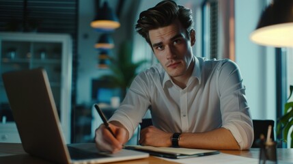 Man in white shirt working on laptop at a desk.