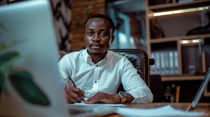 Fototapeta premium Man focusing on work in a cozy office setting.