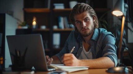 Focused man writing in office with bookshelf behind.