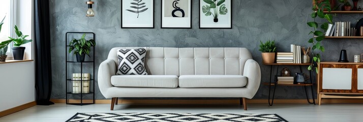 Modern interior design featuring a geometric black and white rug, grey sofa against a concrete wall, and a shelf with plants and a framed poster, captured in high resolution with natural light.