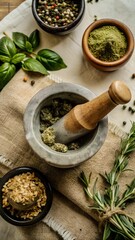 Obraz premium A mortar and pestle with herbs and spices ready for grinding