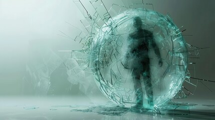 A mysterious figure emerges from a shattered glass-like portal, evoking themes of transformation and the unknown.