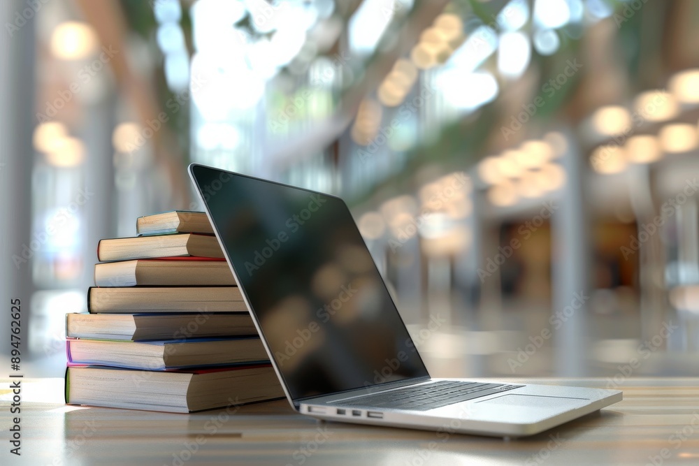 Poster Creating a modern workspace with a laptop and books in a bright office can enhance productivity during remote work. This environment is ideal for studying, working, and embracing innovation