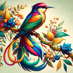 Obraz premium Vibrant Fantasy Bird Perched on Floral Branch
