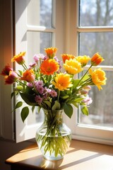 Beautiful flowers in a vase by the window, vertical composition