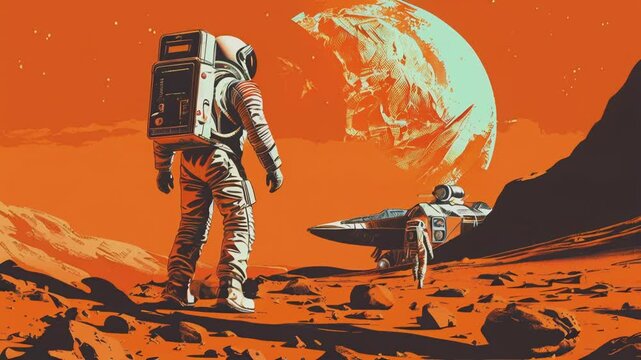 An astronaut of the future stands on an unknown alien planet. A man in a spacesuit on an alien planet similar to Mars. Retro style