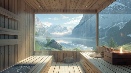 Sauna in a mountain cabin, featuring a picturesque window view of the natural scenery.