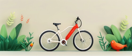 Fototapeta premium A vibrant bicycle stands against a colorful backdrop of greenery and a whimsical bird, perfect for adventure and exploration.