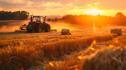 Fototapeta premium Harvest Season in the Countryside: A vibrant scene of a farmer harvesting crops in a golden field during autumn. The image should include elements like a tractor, bales of hay, and the warm light of t