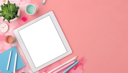 Stylish workspace with blank tablet, colorful pencils, and stationery on a pink background, perfect for creative projects.