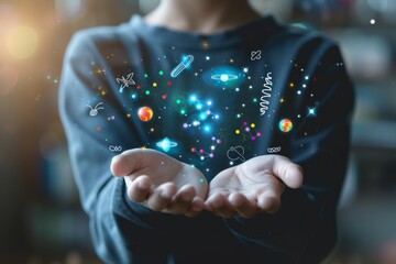 A person holds the digital universe, symbolizing innovation, creativity, and imagination in a futuristic setting. Illustrating the blend of tech and fantasy in a magical digital world
