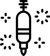 Simple black and white icon of a marker pen surrounded by stars, symbolizing creativity and inspiration