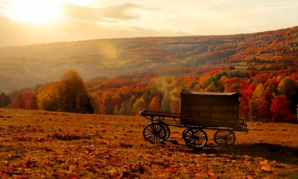A vintage wagon in an autumn landscape 4K Video