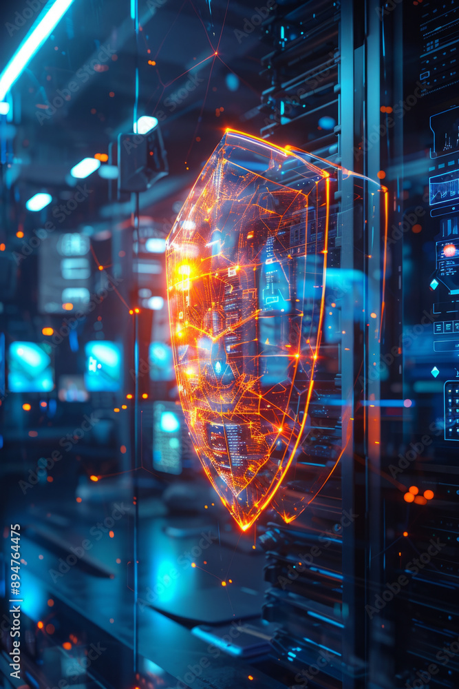Poster ai cyber security, sleek digital shield protecting glowing network of connected devices in modern of