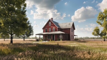 Obraz premium Generate a prompt for a photo realistic image of a rural farmhouse with a wrap-around porch, barn doors, and expansive fields. 