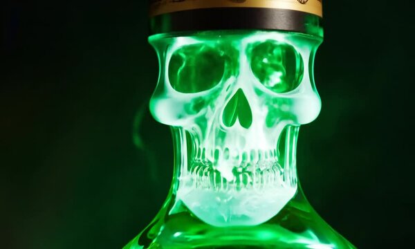 Potion bottle labeled "Toxic Elixir" emitting eerie green glow, adorned with skull motif. 4K Video