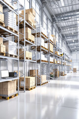  warehouse layout planning, Optimized warehouse design with clearly defined zones for receiving, storage, and shipping, utilizing laptops and diagrams for space optimization.
