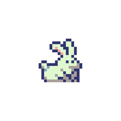 Hare pixel art cartoon character. Bunny. Cute rabbit. Video game sprite. Happy Easter. Stickers and embroidery design. 80s style. Isolated vector illustration. 