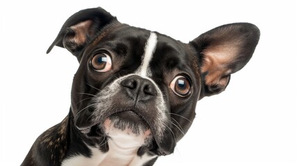 A black and white dog with a black nose and brown ears is looking at the camera. The dog's eyes are wide open, and it is curious or surprised
